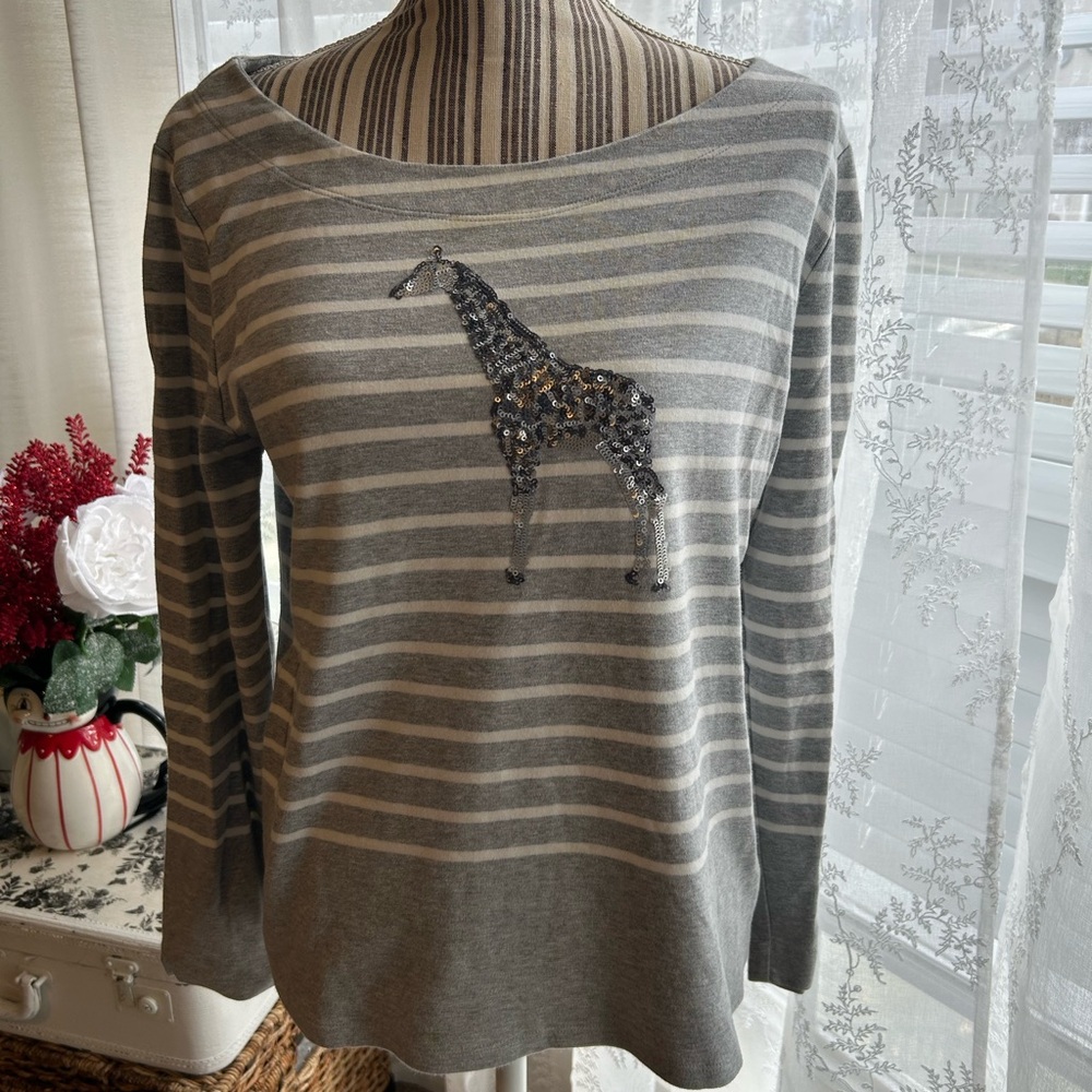 Talbots Gray Striped Top with Giraffe Design